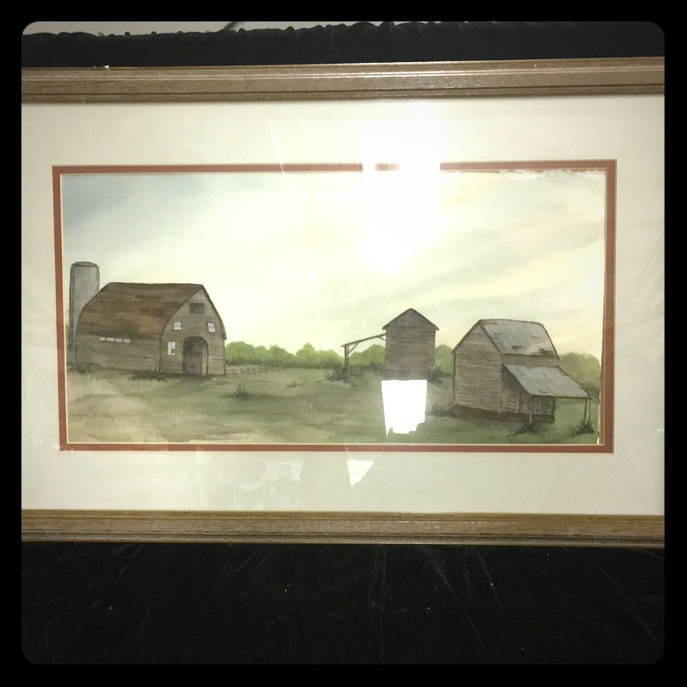 Vintage original watercolor rural scene barn shack